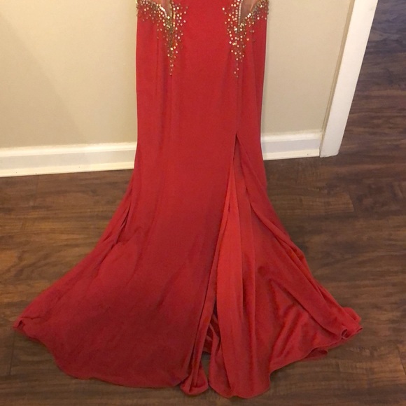 GLS Red With Gold Beads Long Prom Dress With Slit - Picture 8 of 14